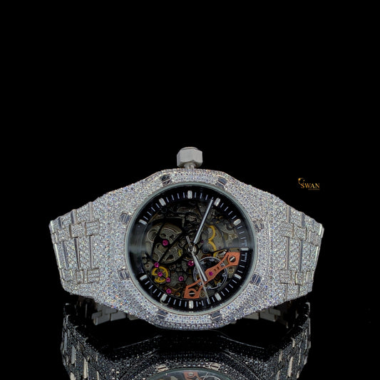 Luxury Iced Out Skeleton Automatic Watch Full Diamond Pave Silver Band Hip Hop Mens Timepiece Gift SwanDiamond
