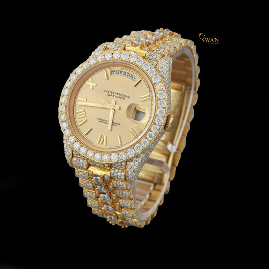 Luxury Iced Out Diamond Watch Gold Day Date Roman Dial Automatic Custom Hip Hop Jewelry Statement Presidential Style Timepiece swan diamond