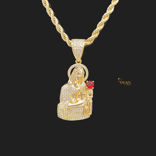 Gold Jesus Hip Hop Jewelry Piece Pendant with Red Gem Iced Out Religious Bling Necklace Custom Statement Chain for Men