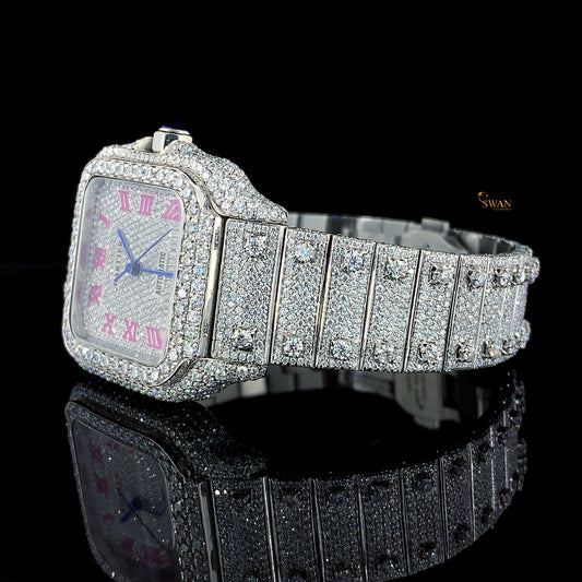 Luxury Cartier Diamond Watch Iced Out Silver Bracelet Pink Roman Numerals Custom Fully Paved Jewelry Timepiece SwanDiamond