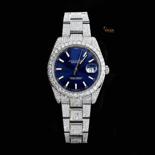Luxury Diamond Watch Fully Iced Out with Blue Dial Custom Silver Bracelet Sparkling Pave Setting SwanDiamond