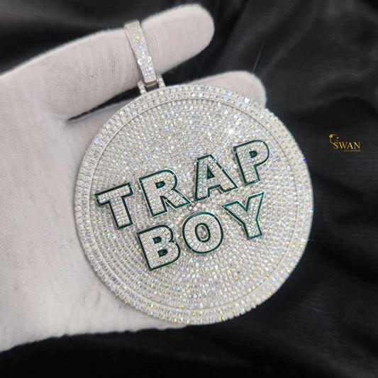 Trap Boy Pendant Iced Out Round Medallion Hip Hop Necklace Silver Bling Custom Statement Jewelry for Men Rapper Urban Streetwear