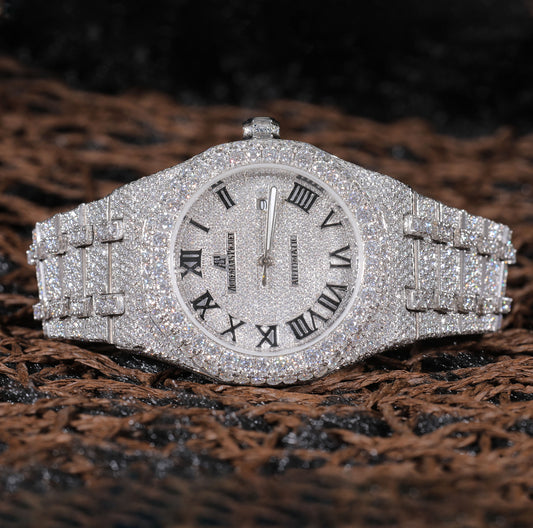 Iced Out Roman Dial Watch VVS Moissanite Custom Silver Men’s Luxury Timepiece Hip Hop Designer Wristwatch SwanDiamond