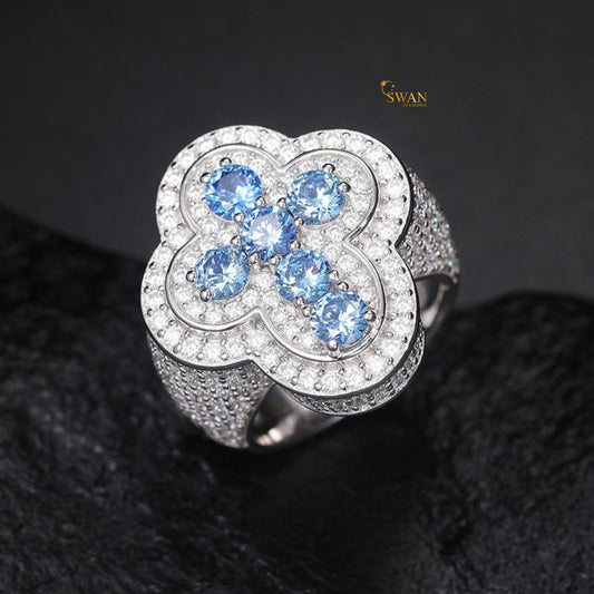 Iced Out Blue Stone Hip Hop Ring with Diamond Pave Cross Design Luxury Silver Bling Statement Jewelry for Men Rapper Urban Style SwanDiamond