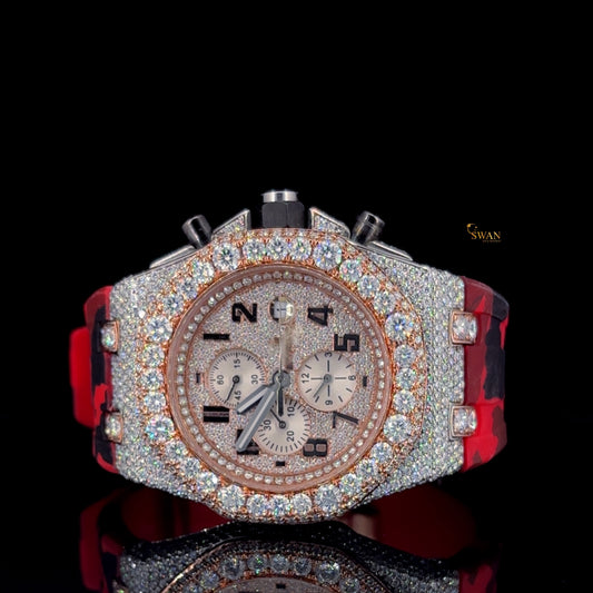 Luxury Iced Out Chronograph Watch with Diamond Bezel and Red Camouflage Rubber Strap Bold Statement Timepiece SwanDiamond