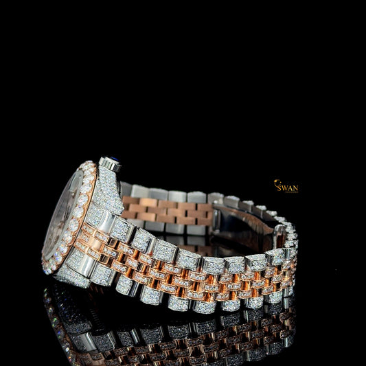 Luxury Two Tone Diamond Watch Fully Iced Out Rose Gold and Silver Jubilee Bracelet with Mother of Pearl Dial SwanDiamond