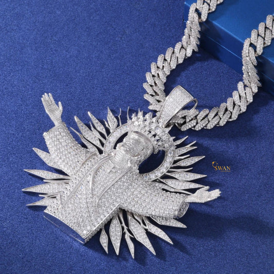 Luxury Hip Hop Iced Out Jesus Pendant with Radiant Halo Design Fully Covered in VVS Moissanite Diamonds Necklace for Men swandiamond
