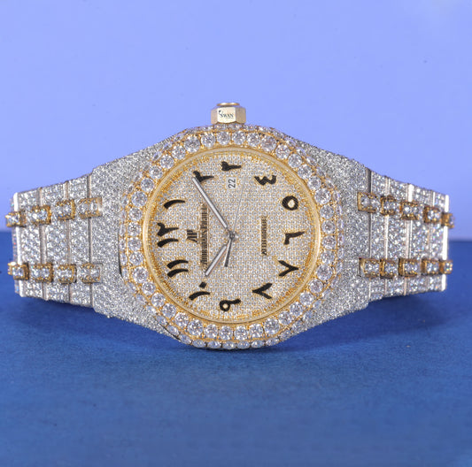 Luxury Arabic Dial Iced Out Watch Fully Custom Moissanite Diamond Timepiece for Men Two Tone Gold and Silver Bling Watch SwanDiamond