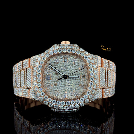 Exclusive Rose Gold Diamond Watch Iced Out with Full Pave Setting Luxury Style Bezel and Bracelet Unisex Edition SwanDiamond