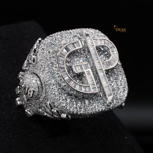 Iced Out GP Initial Hip Hop Ring in White Gold with Full Diamond Pave Sparkle Luxury Custom Letter Bling Statement Jewelry for Men SwanDiamond