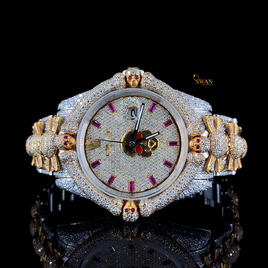 Custom Skull Design Iced Out Diamond Watch with Ruby Eyes and Two Tone Details Fully Paved Luxury Timepiece Unique Statement SwanDiamond