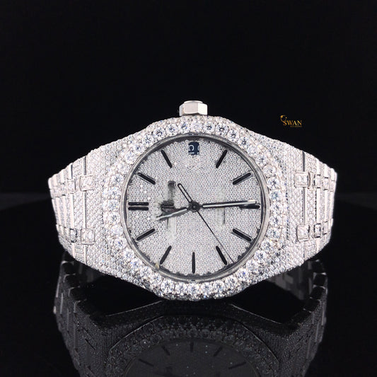 Luxury Diamond Audemars Piguet Royal Oak Watch Fully Iced Out with Silver Dial Custom Pave Bracelet SwanDiamond Exclusive