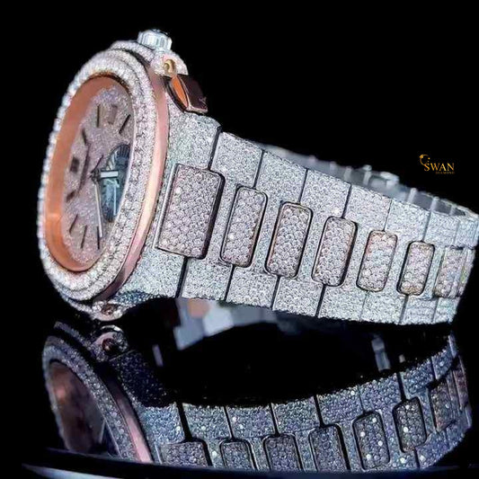Luxury Iced Out Diamond Watch with Rose Gold Outline Pave Dial Date Display Full Diamond Bracelet and Large Bezel Stones SwanDiamond