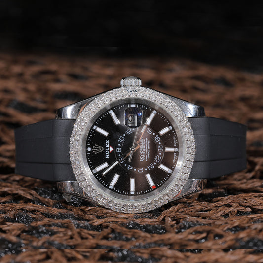 Luxury Silver Sky-Dweller with Diamond Bezel, Black Dial, Luminous Markers, and Premium Black Rubber Strap Design SwanDiamond