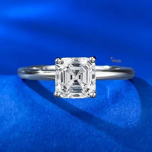 Asscher Cut Diamond Solitaire Engagement Ring in Solid White Gold Classic Four Prong Setting Elegant Bridal Jewelry Gift for Her swandiamond