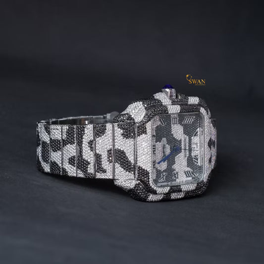 Luxury Iced Out Diamond Watch Black and White Camouflage Design Square Dial Automatic Custom Hip Hop Jewelry Statement Timepiece swan diamond