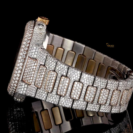 Luxury Iced Out Skeleton Automatic Watch with Full Diamond Pave Two Tone Rose Gold and Silver Stainless Steel Bracelet SwanDiamond