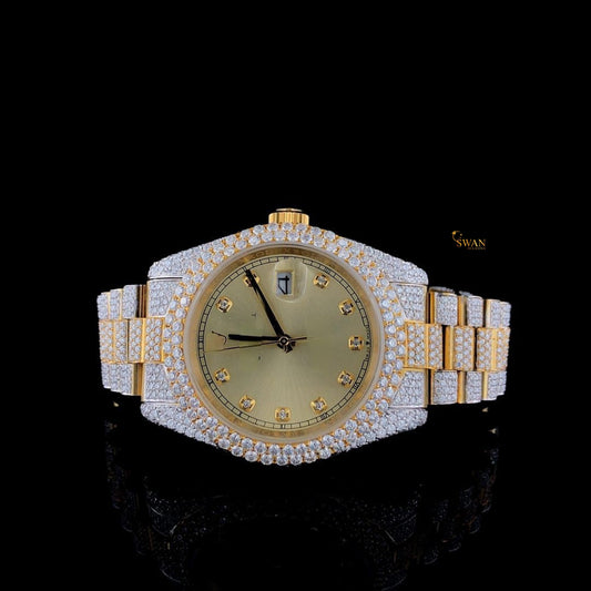 Mens Gold Dial Diamond Watch Luxury Iced Out Custom Fully Paved Bracelet Hip Hop Jewelry Timepiece SwanDiamond