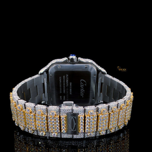 Custom Cartier Santos Two Tone Diamond Watch Fully Iced Out Gold and Silver Roman Dial Luxury Mens Timepiece SwanDiamond