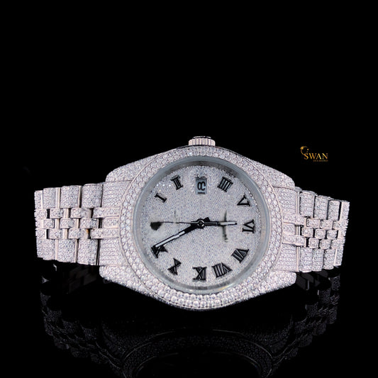 Fully Iced Out Diamond Watch Silver Tone with Roman Numeral Dial and Pave Bracelet Custom Luxury Timepiece High End Jewelry SwanDiamond