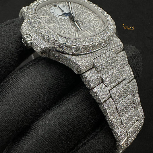Luxury Iced Out Diamond Watch with Moonphase Dial Day Date Display Full Pave Bracelet Large Round Bezel Stones Premium SwanDiamond