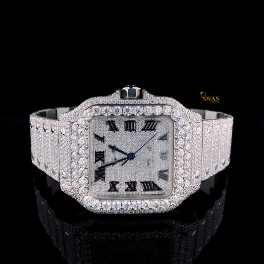 Luxury Iced Out Square Diamond Watch with Roman Numeral Dial Full Pave Bracelet and Large Round Bezel Stones Classic Style SwanDiamond
