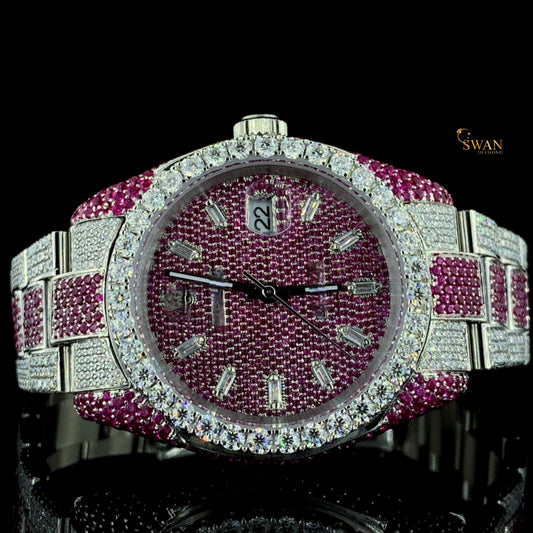 High End Ruby Red and Diamond Iced Out Watch Silver Bracelet with Full Pave Setting Luxury Unisex Style SwanDiamond