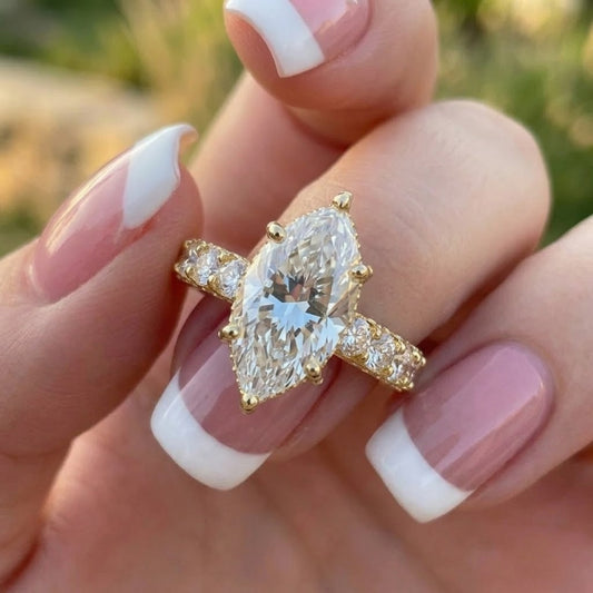 Marquise Cut Lab Grown Diamond Engagement Ring in 18K Yellow Gold Vintage Inspired Diamond Band Ring for Women