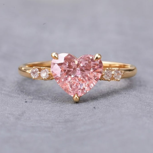 Pink Heart Cut Lab Grown Diamond Ring in 18K Yellow Gold Romantic Engagement Ring for Women