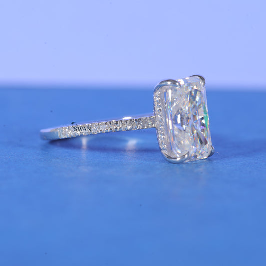 2.5 CT Radiant Cut Lab Grown Hidden Halo Pave Set Engagement Ring