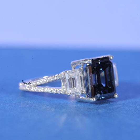 2CT Emerald Cut Blue Color Lab Grown Diamond Engagement Ring For Women