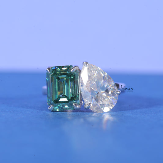 Two Stone Emerald And Pear Cut Lab Grown Diamonds Engagement Ring