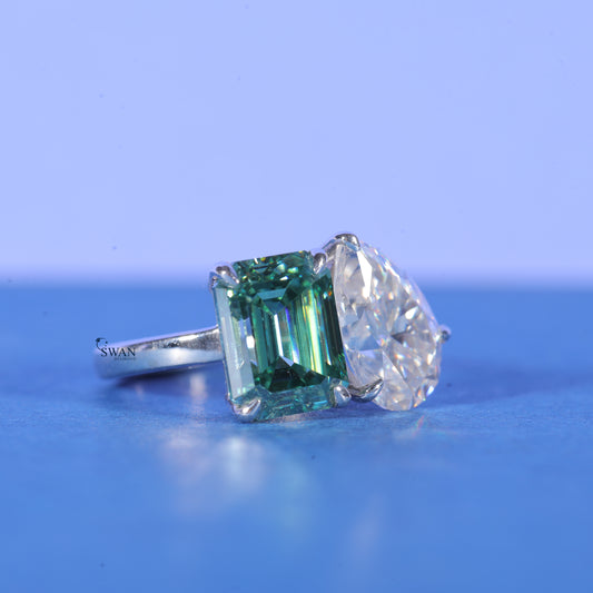 Two Stone Emerald And Pear Cut Lab Grown Diamonds Engagement Ring