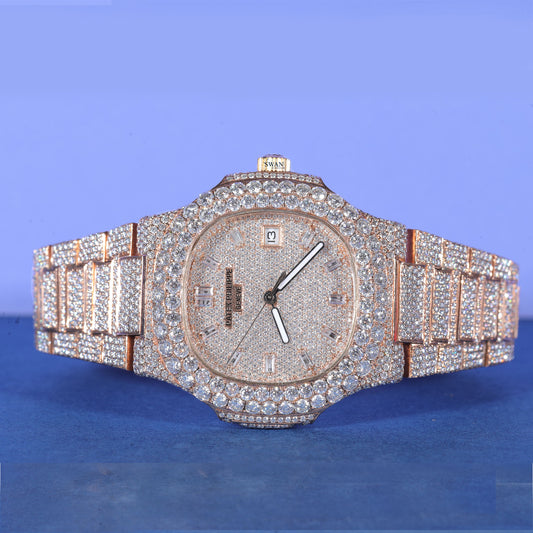 Luxury Fully Iced Rose Gold Timepiece with Pavé-Set Diamonds SwanDiamond