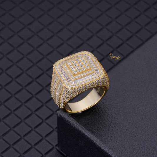 Square Iced Out Hip Hop Ring Gold and Diamond Baguette Micro Pave Bling Statement Jewelry for Rappers and Streetwear Style SwanDiamond