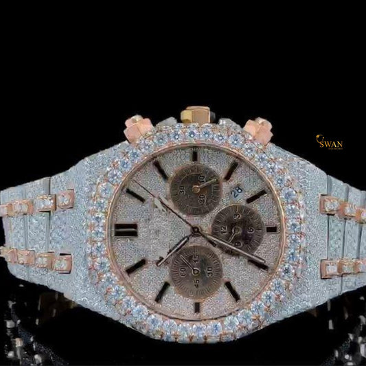 Luxury Two Tone Rose Gold Iced Out Diamond Chronograph Watch with Pave Dial Large Bezel Stones Full Bracelet Classic Style SwanDiamond