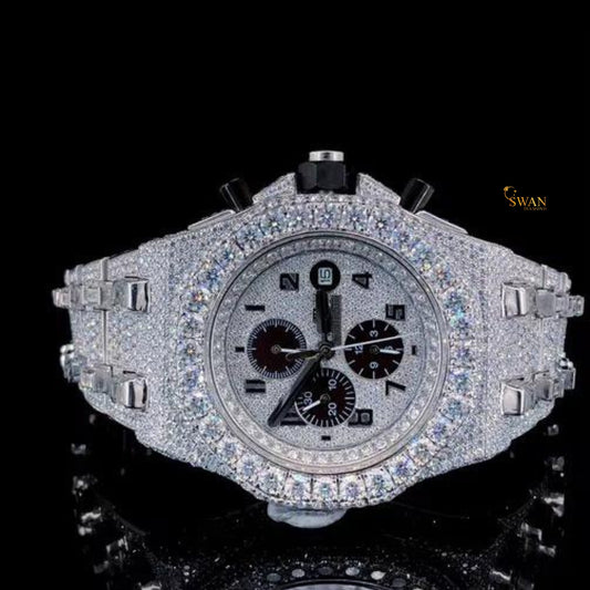 Luxury Iced Out Diamond Chronograph Watch with Black Subdials Pave Dial Large Bezel Stones Full Bracelet Bold Sporty Style SwanDiamond