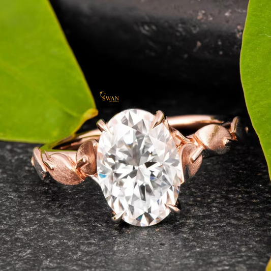 Romantic Oval Cut Diamond Solitaire Ring with Leaf Vine Rose Gold Band Nature Inspired Engagement Jewelry Gift swandiamond