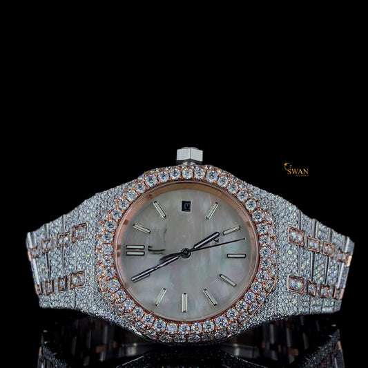 Luxury Two Tone Diamond Watch Fully Iced Out Rose Gold and Silver with Mother of Pearl Dial and Custom Pave Bracelet SwanDiamond