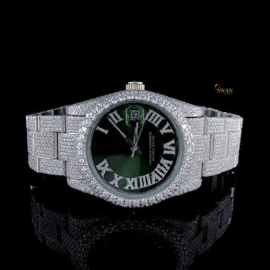 Luxury iced out diamond watch with green Roman dial fully encrusted bracelet timeless silver elegance crafted for collectors SwanDiamond