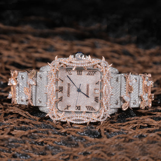 Roman Dial Thorn Leaf Iced Out Watch VVS Moissanite Custom Rose Gold and Silver Luxury Timepiece for Men SwanDiamond
