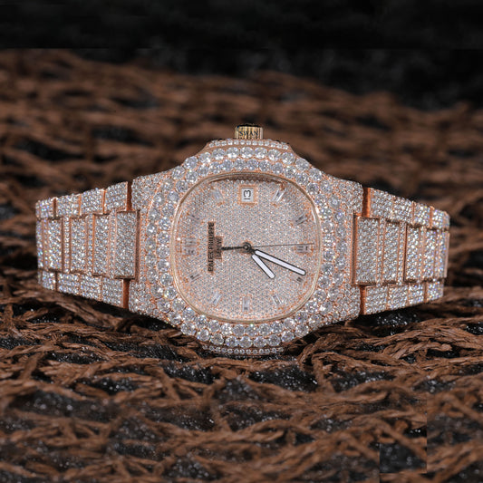 Rose Gold Fully Iced Luxury Watch with Pavé-Set Diamonds SwanDiamond