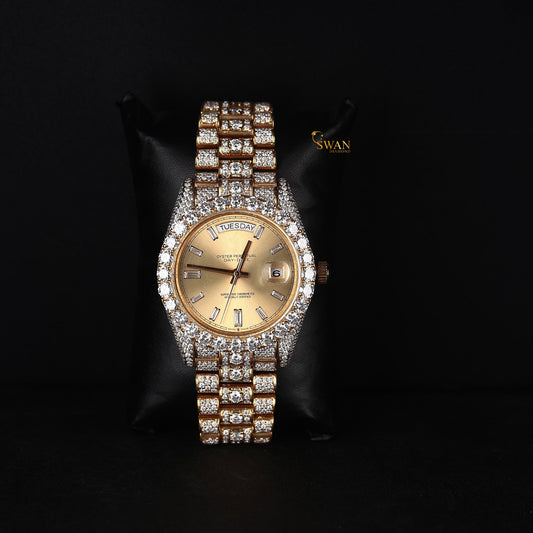 Luxury Gold Iced Out Diamond Day Date Watch with Champagne Dial Full Pave Bracelet and Large Round Bezel Stones Classic Style SwanDiamond