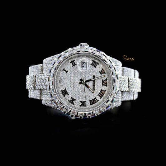 Luxury Fully Iced Out Diamond Watch in White Gold with Roman Numeral Dial and Paved Bracelet Custom Men’s Jewelry Timepiece