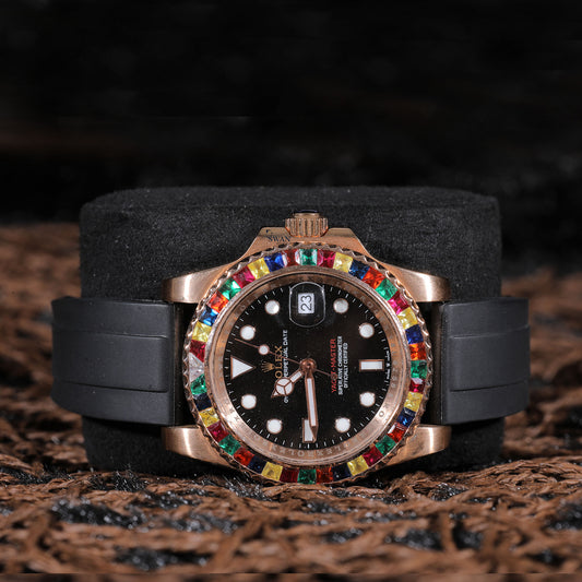 Rose Gold Yacht-Master with Rainbow Sapphire Bezel, Black Dial, Luminous Markers, and Premium Black Rubber Strap SwanDiamond