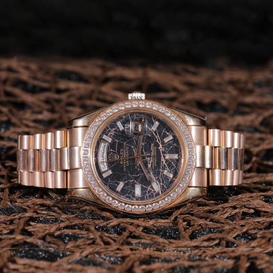 Rose Gold Day-Date Luxury Watch with Black Marble Dial and Diamond Bezel SwanDiamond