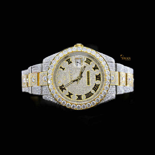 Luxury Two Tone Gold and Silver Iced Out Diamond Watch with Roman Numeral Dial Full Pave Bracelet Custom Bezel High End Jewelry swandiamond