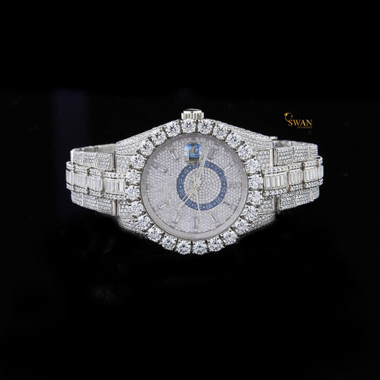 Luxury Iced Out Diamond Watch Silver with Baguette Accents Full Pave Design Round Dial Custom Hip Hop Jewelry Statement Timepiece swan diamond