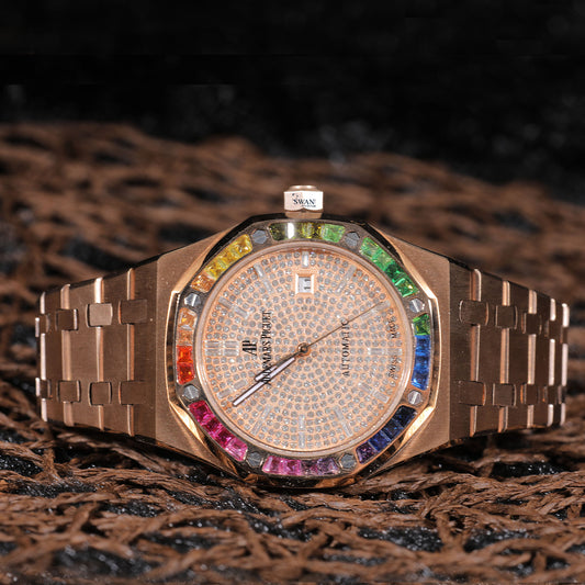 Rose Gold Fully Iced Luxury Watch with Rainbow Gemstone Bezel SwanDiamond