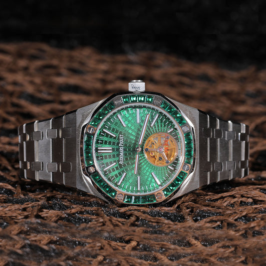 Stainless Steel Green Dial Luxury Watch with Emerald Accents and Open Heart Design SwanDiamond